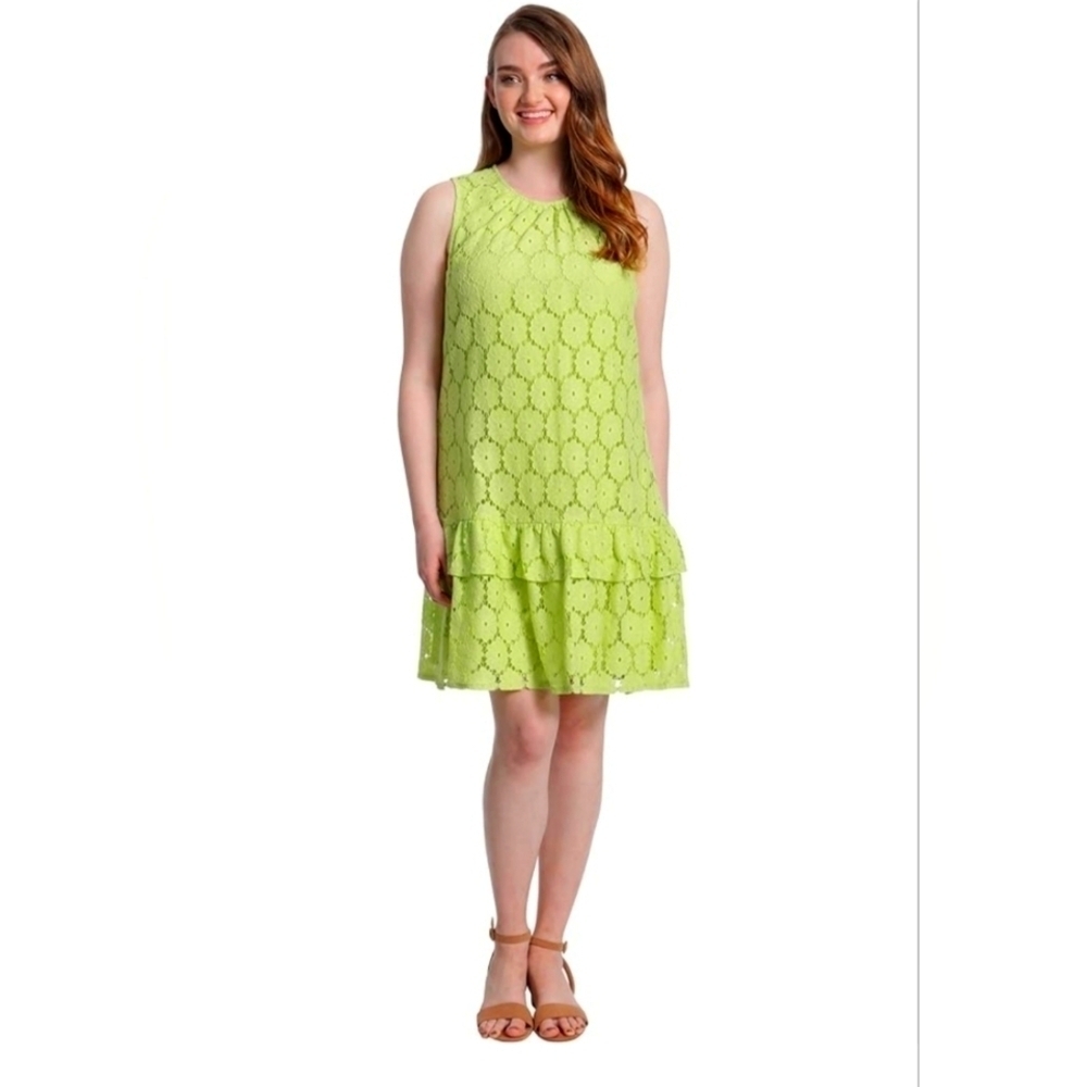 London Times High Neck Sleeveless Drop Waist Ruffle  Lace Dress size 4 NWT